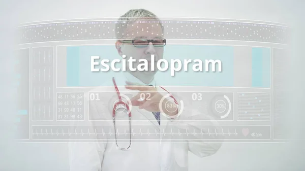ESCITALOPRAM 일반적 인 약물 이름 현대 화면에서 의사에 의해 scrolled — 스톡 사진