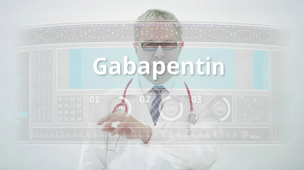 Doctor scrolls to GABAPENTIN γενόσημο όνομα φαρμάκου σε οθόνη αφής — Φωτογραφία Αρχείου