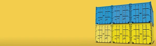 Contenedores de carga componen la bandera de Ucrania sobre fondo amarillo, representación 3D —  Fotos de Stock