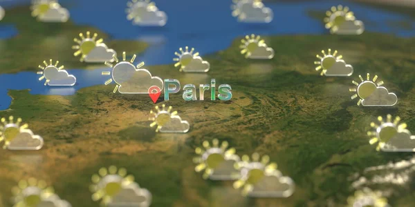 Icone meteo parzialmente nuvolose vicino a Parigi sulla mappa, previsioni del tempo in città Paris — Foto Stock
