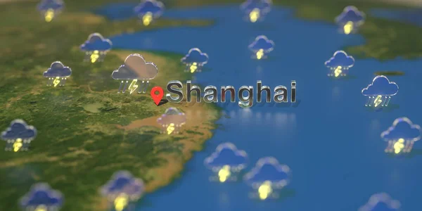 Stormy weather icons near Shanghai city en el mapa, pronóstico del tiempo para la reproducción 3D — Foto de Stock