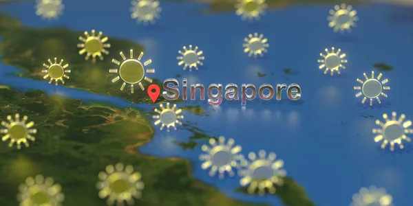 Singapura cidade e ensolarado ícone do tempo no mapa, previsão do tempo relacionado renderização 3D — Fotografia de Stock