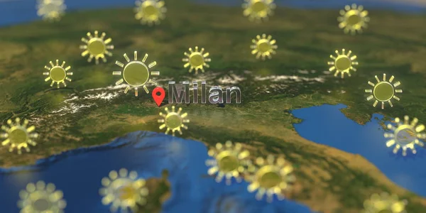 Sunny weather icons near Milan city on the map, weather forecast related 3D rendering — Stock Photo, Image