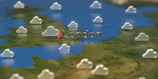 Londres et ciel nuageux icône météo sur la carte, prévisions météorologiques liées rendu 3D — Photo