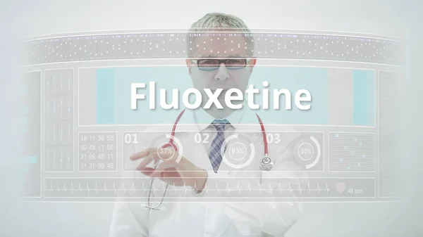 Arts scrollt naar FLUOXETINE generieke geneesmiddel naam op een touchscreen display — Stockfoto