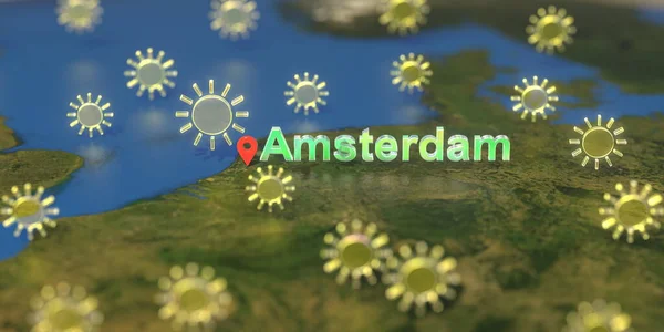 Amsterdam Stadt und sonniges Wettersymbol auf der Karte, 3D-Rendering zur Wettervorhersage — Stockfoto