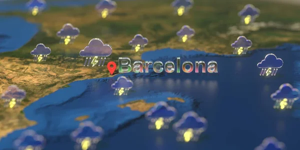 Haritada Barselona yakınlarındaki fırtınalı hava durumu ikonları, hava tahmini 3D görüntüleme — Stok fotoğraf
