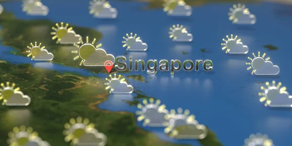 Singapurské město a částečně zataženo ikona počasí na mapě, předpověď počasí související 3D vykreslování — Stock fotografie