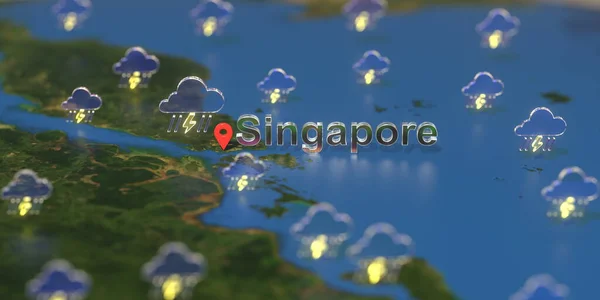 Singapore city and stormy weather icon on the map, weather forecast related 3D rendering — Stock Photo, Image