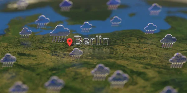 地図上のベルリン市の近くの雨の天気アイコン、天気予報関連の3Dレンダリング — ストック写真
