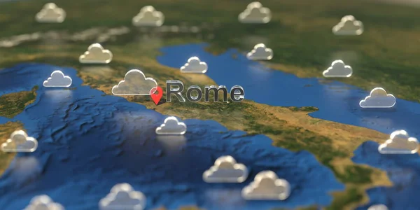 Stadt Rom und bewölktes Wettersymbol auf der Karte, 3D-Rendering zur Wettervorhersage — Stockfoto