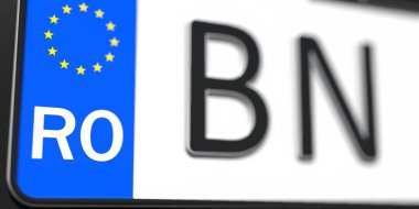 Close-up details of a vehicle registration plate of Romania, part of the set. 3D rendering clipart