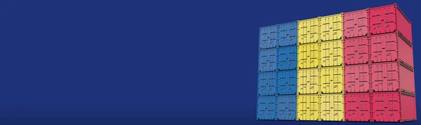 Los contenedores componen la bandera de Rumania sobre fondo azul, representación 3D —  Fotos de Stock