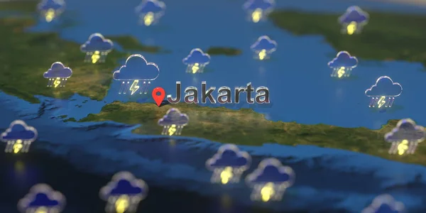 Jakarta ville et orage icône météo sur la carte, prévisions météorologiques liées rendu 3D — Photo