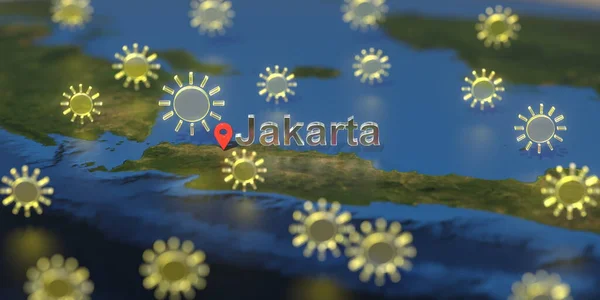 Jakarta città e icona meteo soleggiata sulla mappa, previsioni del tempo relative al rendering 3D — Foto Stock