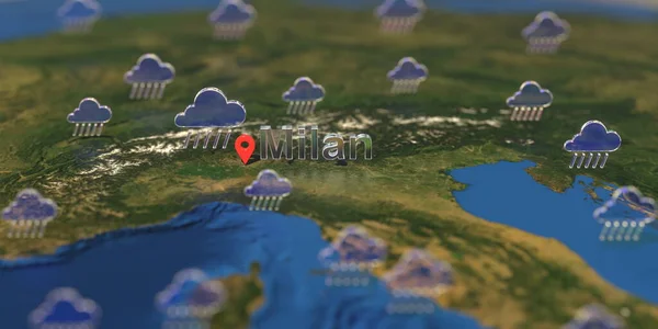 Rainy weather icons near Milan city on the map, weather forecast related 3D rendering — Stock Photo, Image