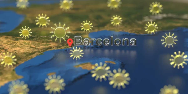 Ícones do tempo ensolarado perto da cidade de Barcelona no mapa, previsão meteorológica relacionada renderização 3D — Fotografia de Stock