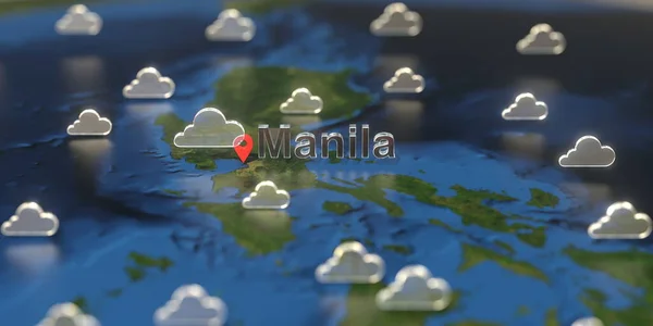 Manila cidade e ícone do tempo nublado no mapa, previsão do tempo relacionada renderização 3D — Fotografia de Stock