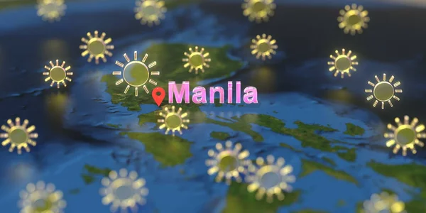 Manila city and sunny weather icon on the map, weather forecast related 3D rendering — Stock Photo, Image