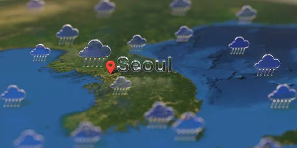 Rainy weather icons near Seoul city on the map, weather forecast related 3D rendering — Stock Photo, Image