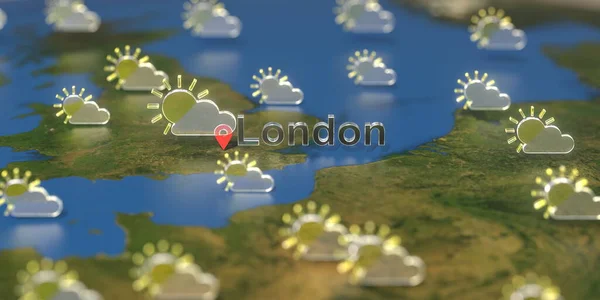 Londres et partiellement nuageux icône météo sur la carte, prévisions météorologiques liées rendu 3D — Photo