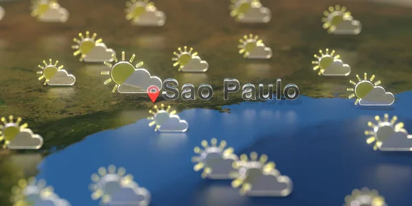 Ícones meteorológicos parcialmente nublados perto da cidade de São Paulo no mapa, previsão meteorológica relacionada com a renderização 3D — Fotografia de Stock