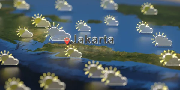 Jakarta città e parzialmente nuvoloso icona meteo sulla mappa, previsioni del tempo relative al rendering 3D — Foto Stock