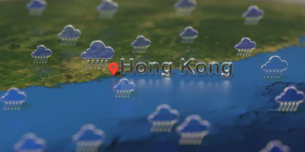 香港附近的雨天图标在地图上显示，与天气预报有关的3D渲染 — 图库照片