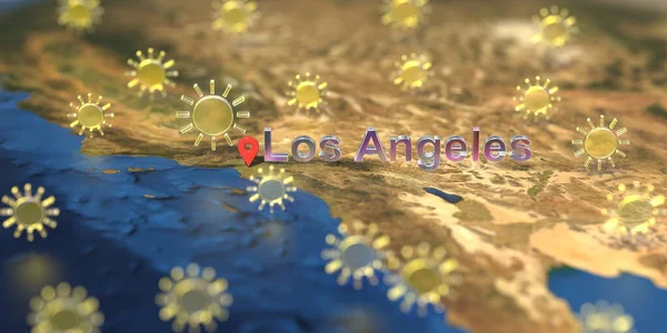 Iconos del tiempo soleado cerca de Los Ángeles en el mapa, pronóstico del tiempo para la reproducción 3D —  Fotos de Stock