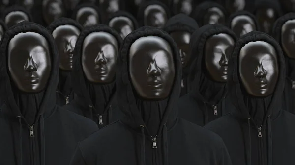 Pessoas desconhecidas usando máscaras pretas e roupas escuras levantam a cabeça. Conceitos de anonimidade, identidade ou igualdade — Fotografia de Stock