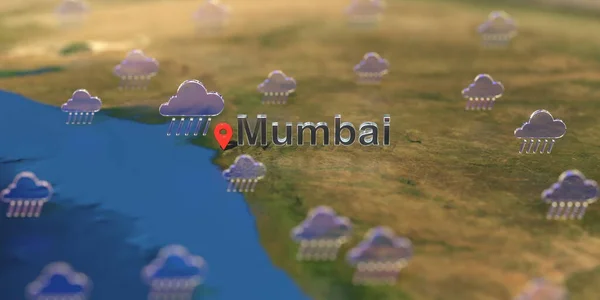 Mumbai cidade e ícone do tempo chuvoso no mapa, previsão do tempo relacionado renderização 3D — Fotografia de Stock