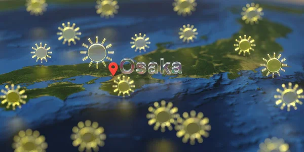 Солнечные иконки погоды рядом с городом Осака на карте, прогноз погоды на 3D рендеринг — стоковое фото