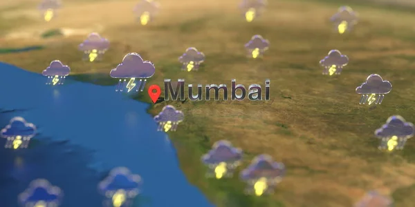 Mumbai cidade e tempestade ícone do tempo no mapa, previsão do tempo relacionado renderização 3D — Fotografia de Stock