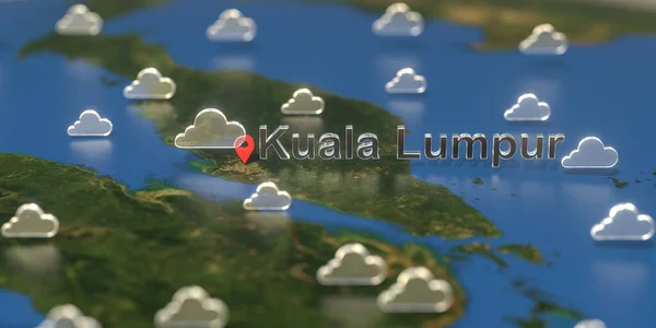 Cloudy weather icons near Kuala lumpur city on the map, weather forecast related 3D rendering — Stock fotografie