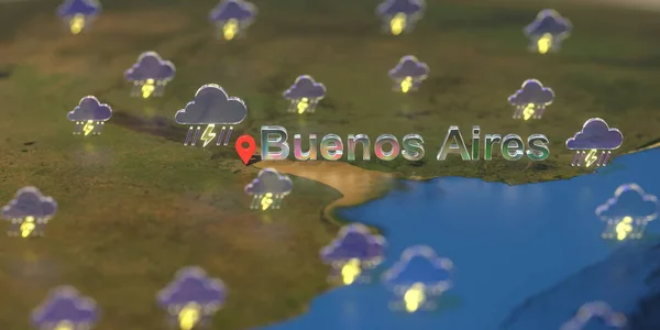 Ícones meteorológicos tempestuosos perto da cidade de Buenos Aires no mapa, previsão meteorológica relacionada renderização 3D — Fotografia de Stock