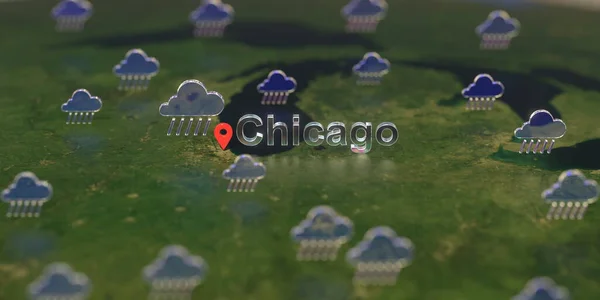 Chicago ville et météo pluvieuse icône sur la carte, prévisions météorologiques liées rendu 3D — Photo