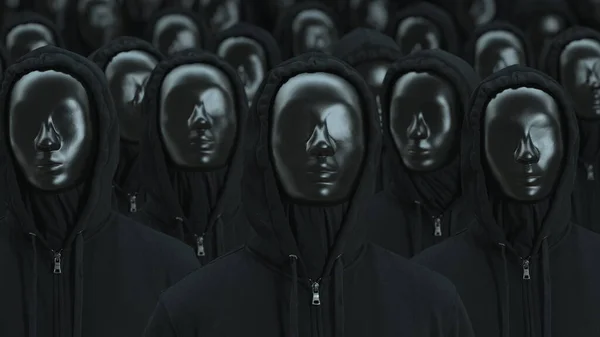 Толпа тех же людей в черных масках поднимает головы. Концепции тоталитарности и осознанности — стоковое фото