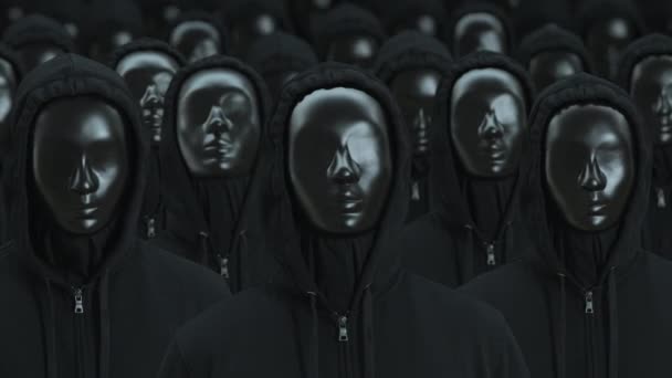 Een menigte van dezelfde mensen met zwarte maskers heffen hoofden op. Totaliteits- en bewustmakingsconcepten — Stockvideo
