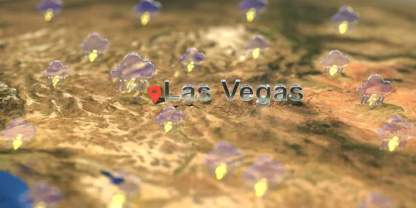 Ícones meteorológicos tempestuosos perto da cidade de Las Vegas no mapa, previsão meteorológica relacionada renderização 3D — Fotografia de Stock