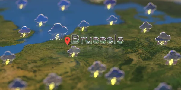 Stormy weather icons near Brussels city on the map, weather forecast related 3D rendering — Stock Photo, Image