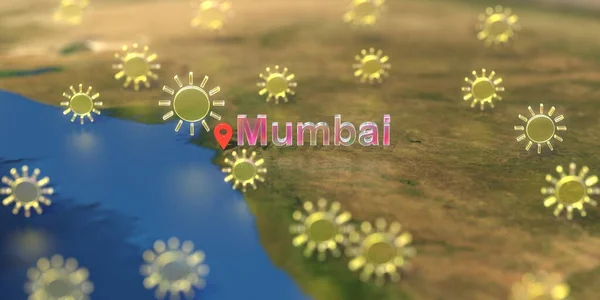 Mumbai cidade e ensolarado ícone do tempo no mapa, previsão do tempo relacionado renderização 3D — Fotografia de Stock