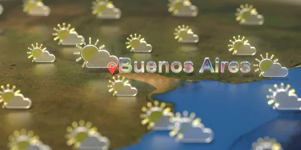 地図上のブエノスアイレス市の近くの部分的に曇りの天気アイコン、天気予報関連の3Dレンダリング — ストック写真