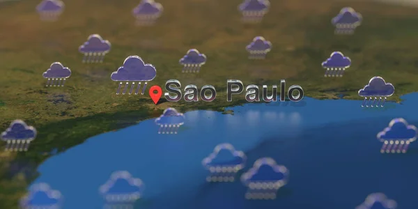 Iconos del tiempo lluvioso cerca de Sao paulo en el mapa, pronóstico del tiempo para la reproducción 3D — Foto de Stock