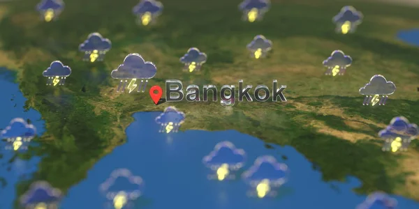 Icone meteo tempestose vicino a Bangkok sulla mappa, previsioni del tempo relative al rendering 3D — Foto Stock