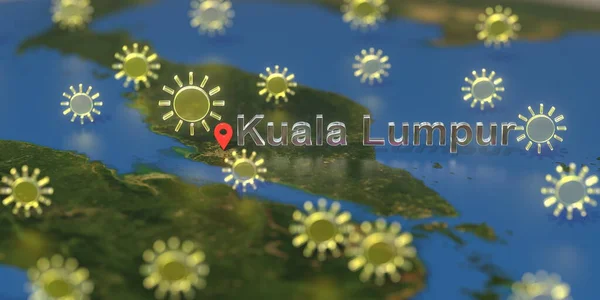 Ícones do tempo ensolarado perto de Kuala Lumpur cidade no mapa, previsão do tempo relacionados renderização 3D — Fotografia de Stock