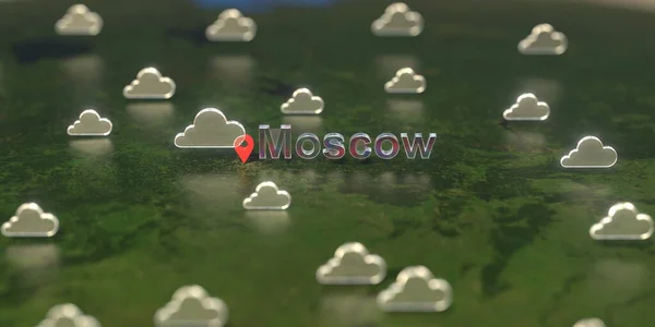 Ікони з хмарною погодою біля Москви на карті, прогноз погоди пов'язаний з 3D рендерингом — стокове фото