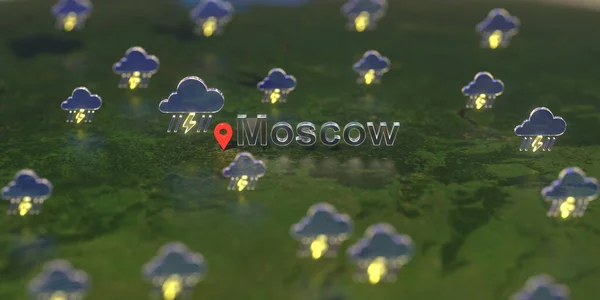 Ícones meteorológicos tempestuosos perto da cidade de Moscou no mapa, previsão do tempo relacionada renderização 3D — Fotografia de Stock