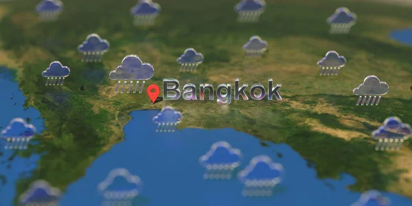 Icônes météo pluvieuses près de Bangkok sur la carte, prévisions météorologiques liées rendu 3D — Photo