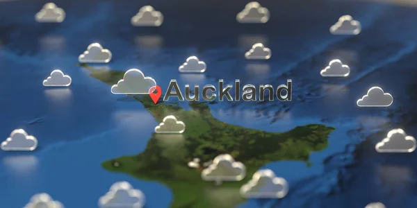Molnigt väder ikoner nära Auckland stad på kartan, Väderprognos relaterade 3D-rendering — Stockfoto