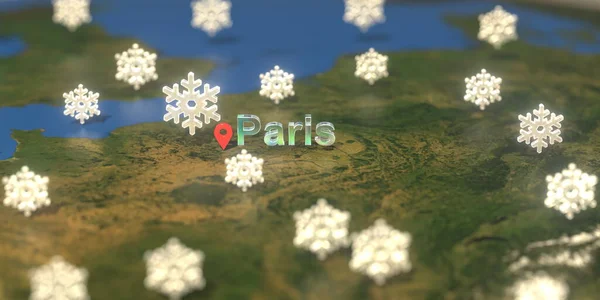 Ícones do tempo nevado perto da cidade de Paris no mapa, previsão do tempo relacionados renderização 3D — Fotografia de Stock